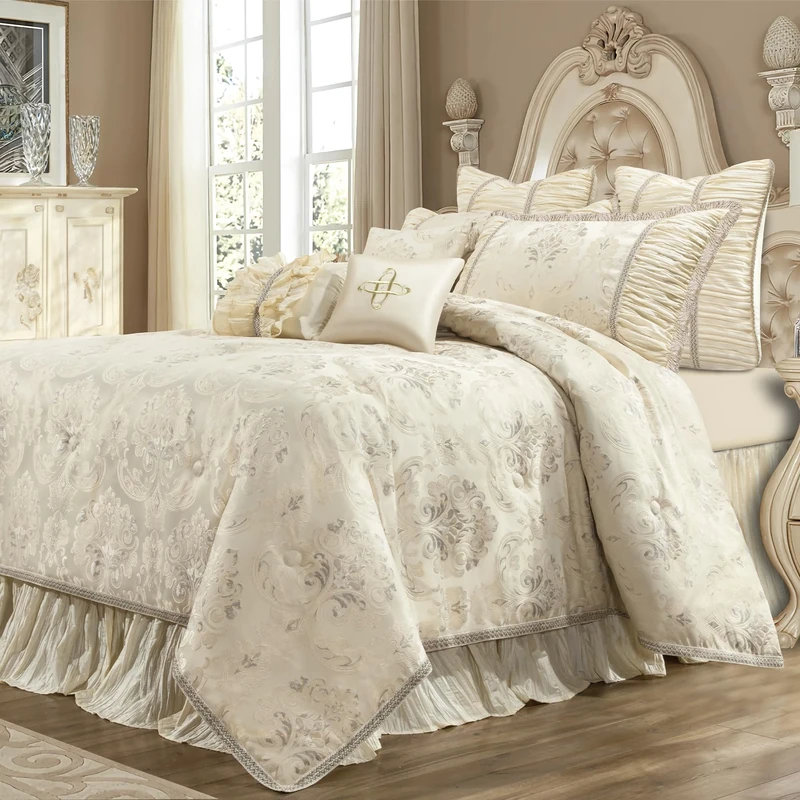Loom and Mill 9 Piece Jacquard Floral Design, Elegant Princess Style Comforter King Sets for Bedroom, Synthetic fiber, Creamy Apricot, Queen