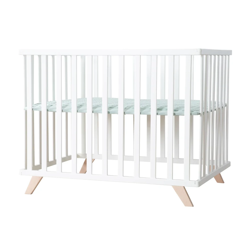 roba Organic Solid Wood Playpen 75 x 100 + Lil Planet Playmat Frosty Green - Oeko-TEX and GOTS Certified - Height Adjustable Base - Retro Design - White Lacquered