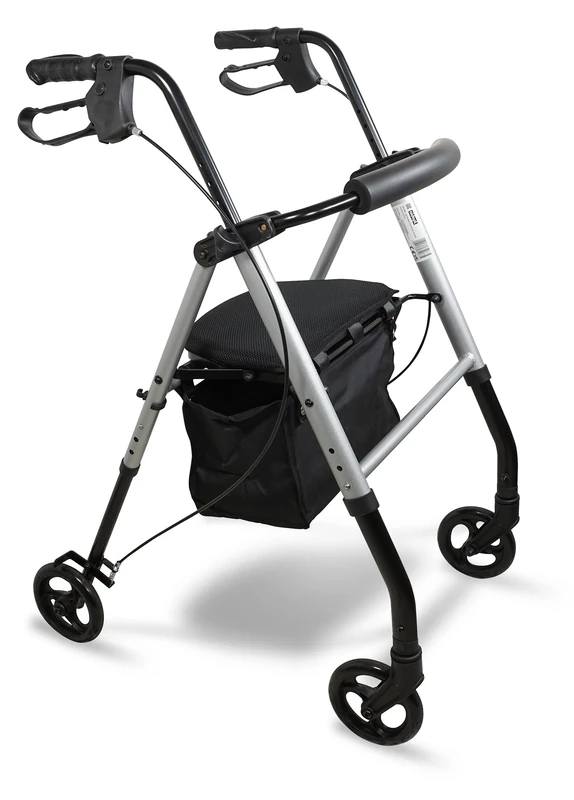 Aidapt Lightweight Folding Four Wheeled Rollator. 6" Wheels, Ergonomic Handle Brakes,Parking Brake,Fabric Padded Seat,Shopping Bag,Height Adjustable Handles&Legs,Flip Up Backrest,Aid,Elderly,Mobility