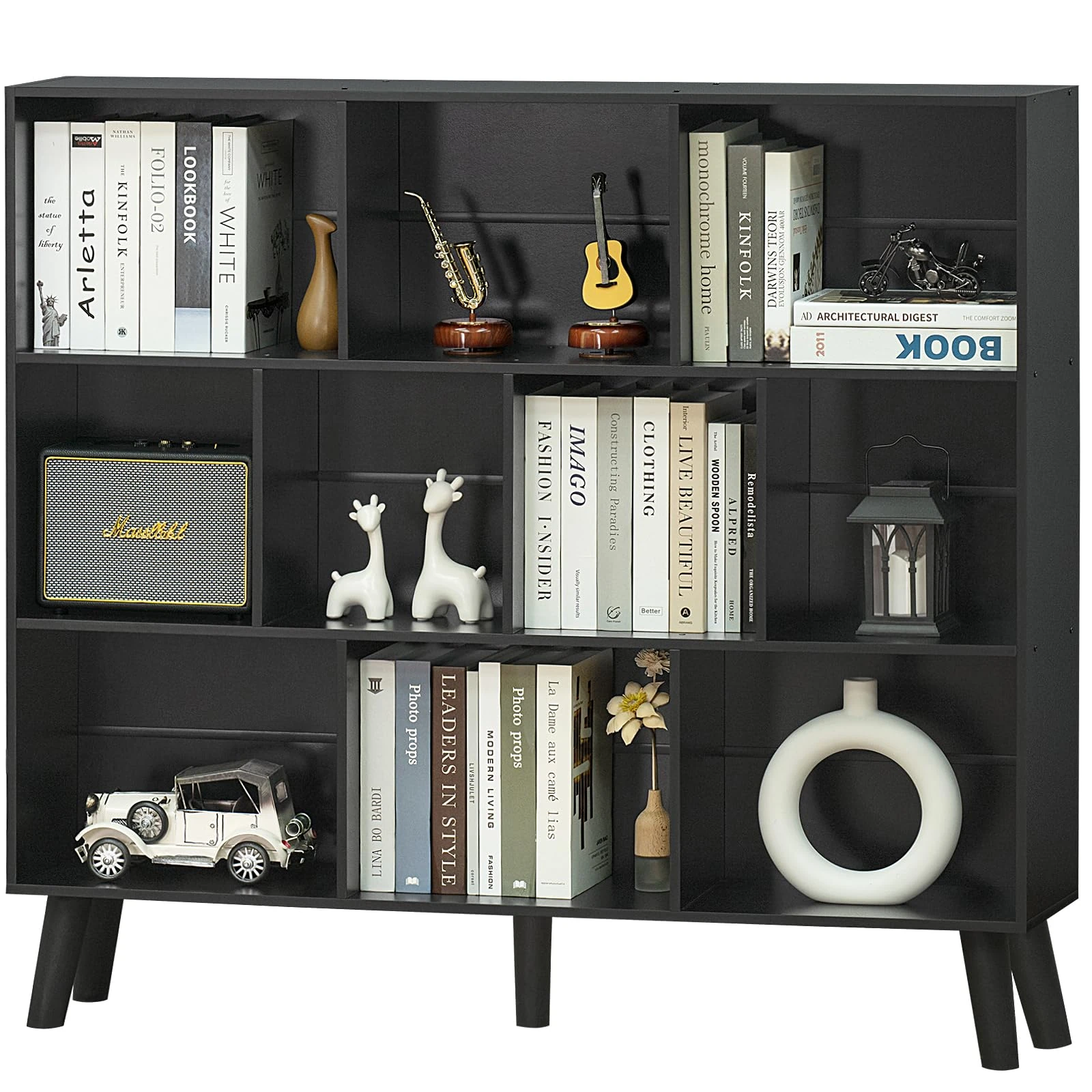 YAHARBO 10 Cube Bookshelf,3 Tier Bookcase with Legs,Black Mid-Century Modern Bookshelves,Large Free Standing Open Storage Organizer Shelf,Tall Wooden Book Case Furniture for Bedroom,Living Room,Office