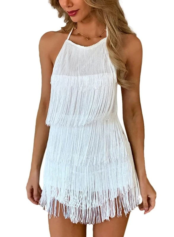 Ella Lust Sexy Backless Fringe Dress - Womens 1920s Flapper Tassel Halter Playsuit Romper Vintage Latin Dance Party Dresses(White,XS,1074r)