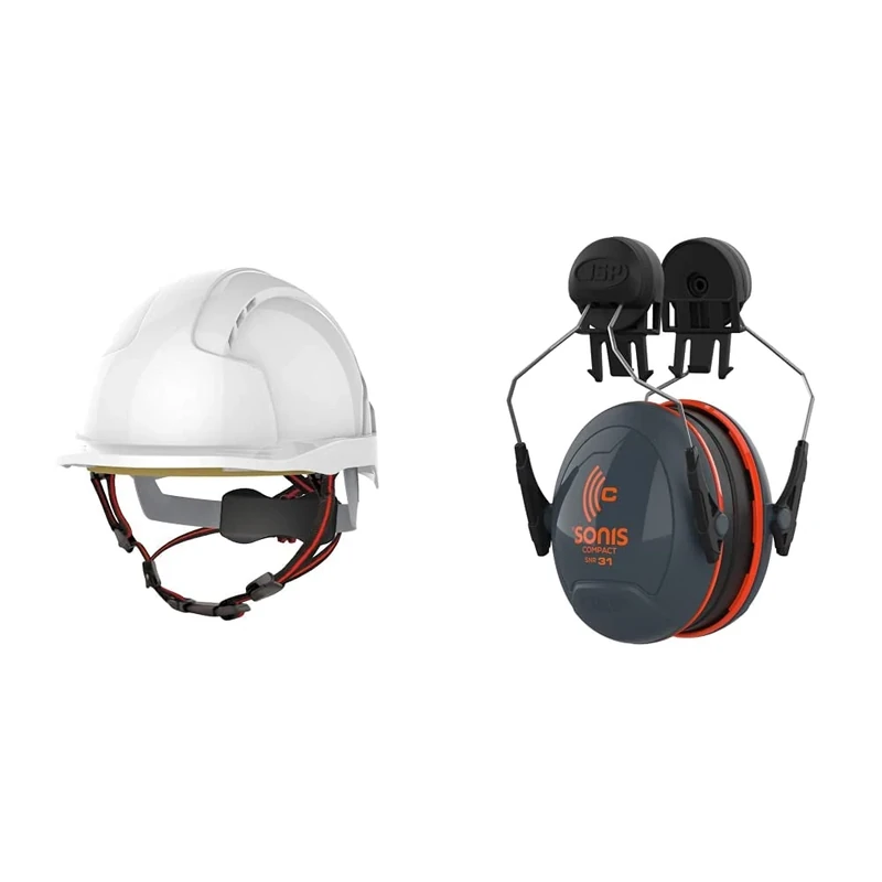 JSP EVO Lite Skyworker - White Working at Height Helmet -, one size & Sonis Compact Helmet Mounted Ear Defenders - SNR 31 -