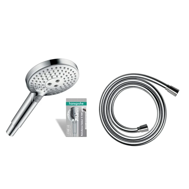 hansgrohe Raindance Select S 120 Hand Shower, 3 Sprays, Chrome, 26530000 & Isiflex Shower Hose 1,25 m, Anti-Kink and Tangle Free, Chrome, 28272000