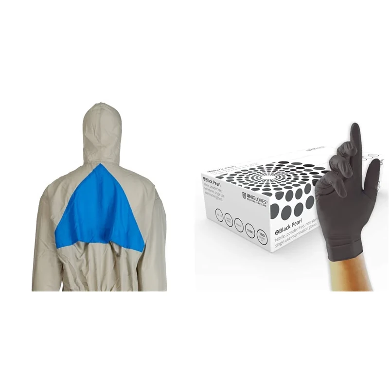 3M Reusable Paintshop Coverall, Grey, XXL, 50425 & Unigloves Black Pearl Nitrile GP0032 Examination - Multipurpose, Powder Free and Latex Free Disposable Gloves, Box of 100 Gloves, Black, Small