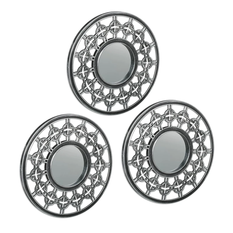 Relaxdays Set of 3 Mirrors, Ø 25 cm, Round, Wall Mounted, Plastic Frame, Ornamental, Bedroom & Hallway, Silver/Grey