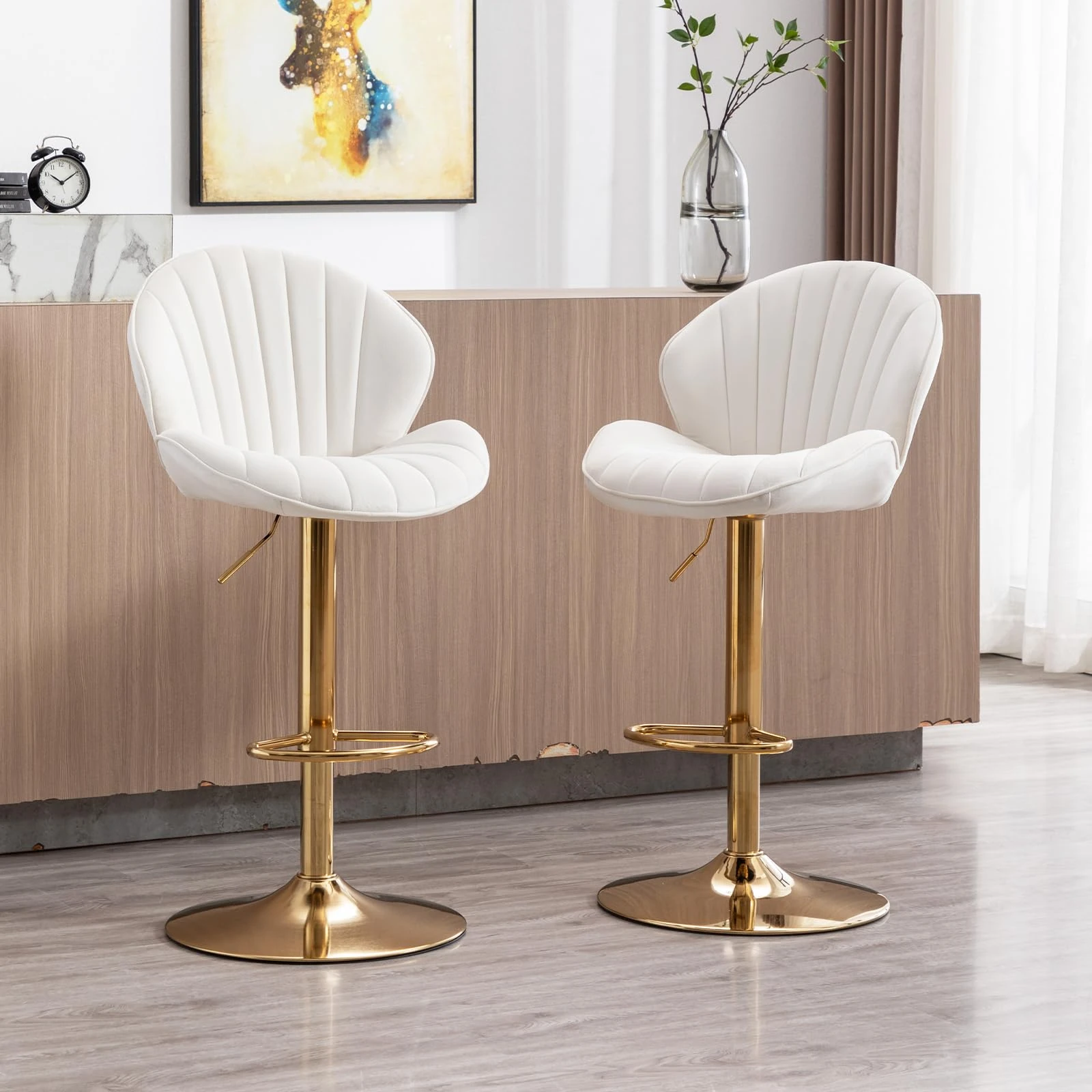 chairus Swivel Bar Stool Set of 2 Velvet Breakfast High Stools Armless Kitchen Counter Stools with Footrest (Beige-2)