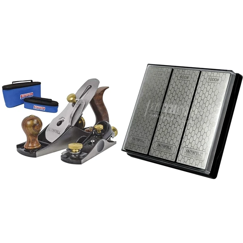 Faithfull Wood Plane Set Number 4 and Number 60 1/2 Planes in Canvas Storage Cases & Diamond Whetstone Sharpening Kit. 3 Stones: 400G Coarse, 600G Medium and 1000G Fine Includes Non Slip Base Unit