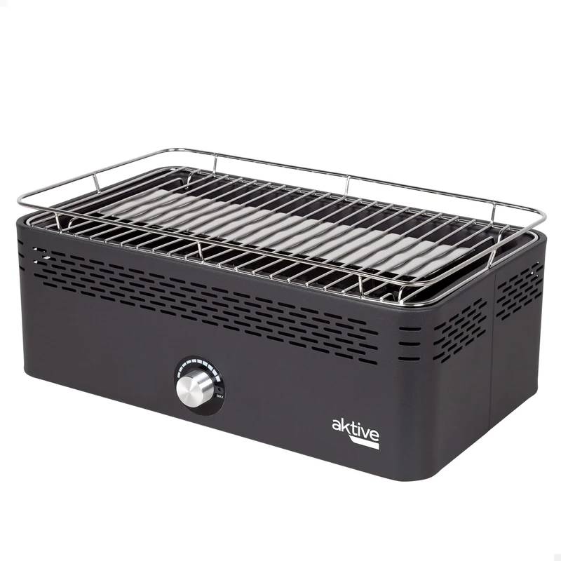 Aktive 63004 Portable Charcoal Barbecue, Rechargeable, Battery-Operated, Smokeless, Black, Rectangular, Drip Protection, Dimensions 45 x 28 x 19 cm, Includes Carry Bag, Patio, Balcony Grill