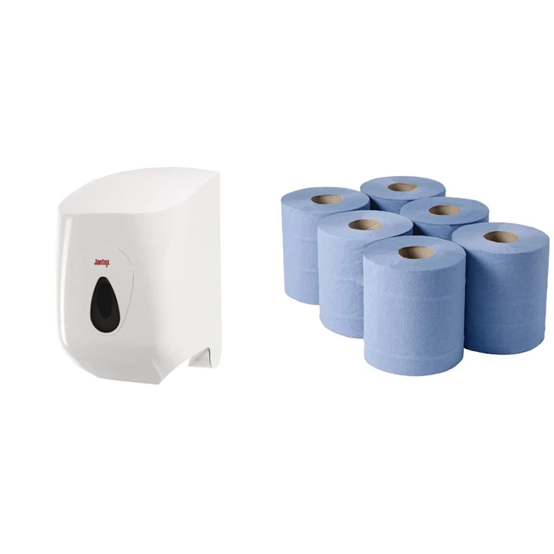 Jantex GD836 Centrefeed Towel Dispenser, White & DL921 Centrefeed Blue Roll Paper Towels - 2 Ply Recycled Wiping Paper, Embossed Pattern -Commercial & Kitchen -120mm Length per Roll, Pack of 6