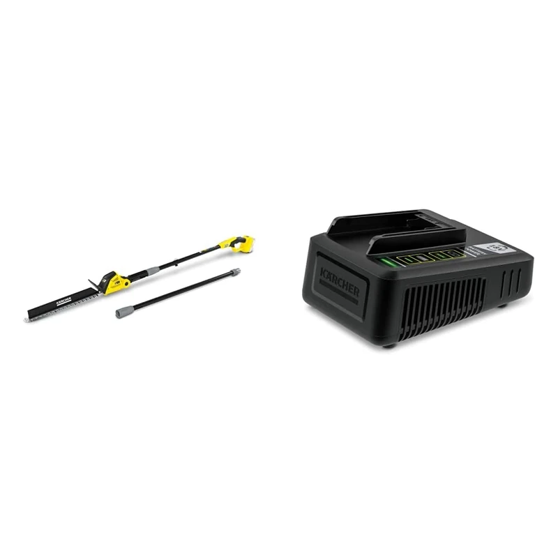 Kärcher 18 V Cordless Pole Hedge Trimmer PHG 18-45, Cutting Length: 45 cm, Extension Insert, Angled Cutting Head, Power: Max 250-500 m & 24450360 18V Battery Fast Charger, Black