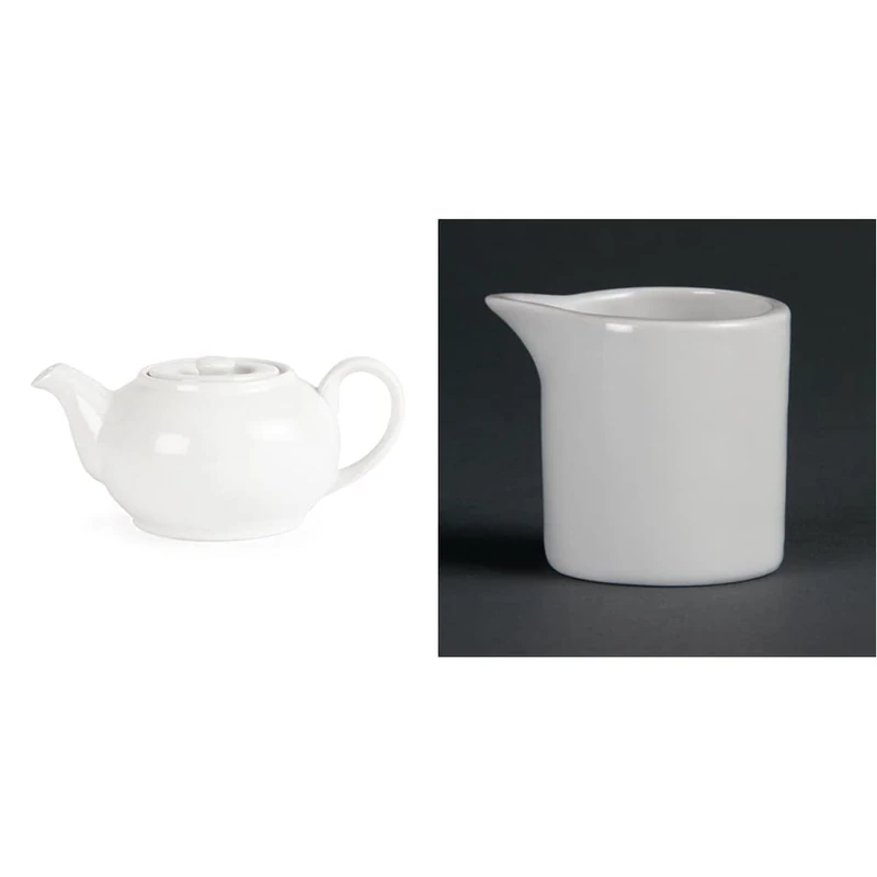 Olympia White Ware Teapots 426Ml 15Oz Porcelain Infuser Innovative Design 4pc & White Ware Milk and Cream Jugs 57Ml 2Oz Mug Cup Creamer Pitcher 6pc