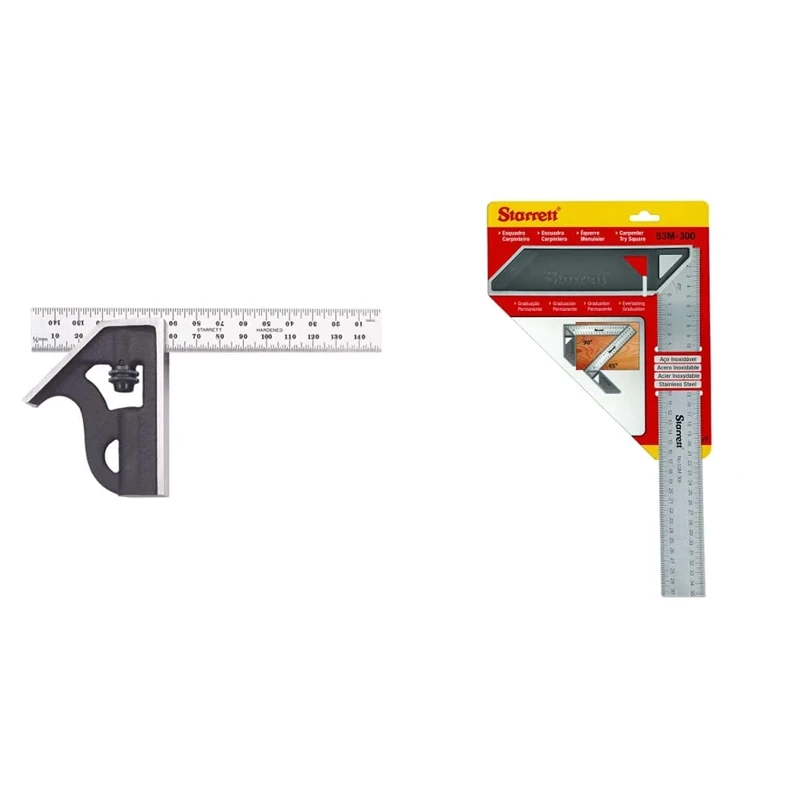Starrett 150mm Cast Iron Combination Square, 300mm Stainless Steel Set Square - Silver, Multi-Color, Metal Casting with Moving Parts