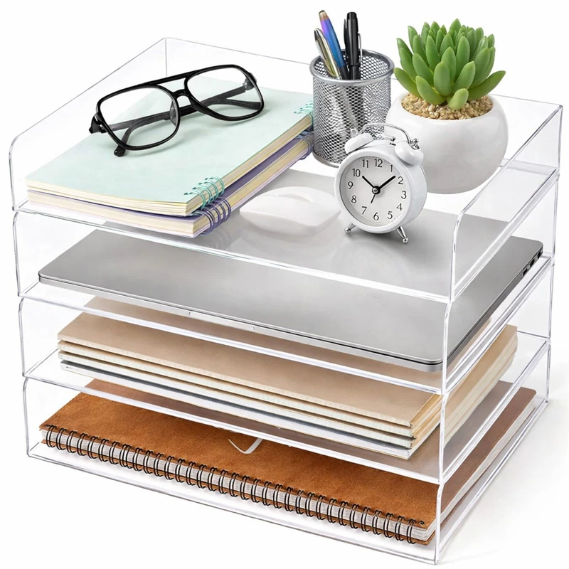 Harloon 4 Tier Acrylic Paper Tray Stackable Letter Tray Clear Trays for Organizing No Need to Assemble Acrylic Paper Organizer File Tray for Office Workspace Desktop Storage (12.4 x 8.74 x 2.68 Inch)