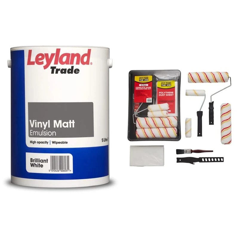 Leyland Trade 264803 Vinyl Matt Emulsion Paint - Brilliant White 5L & Fit For The Job 10pcs Home Decorating Kit - Paint Rollers & Tray Set with Brush, Dust Sheet, Stirrer