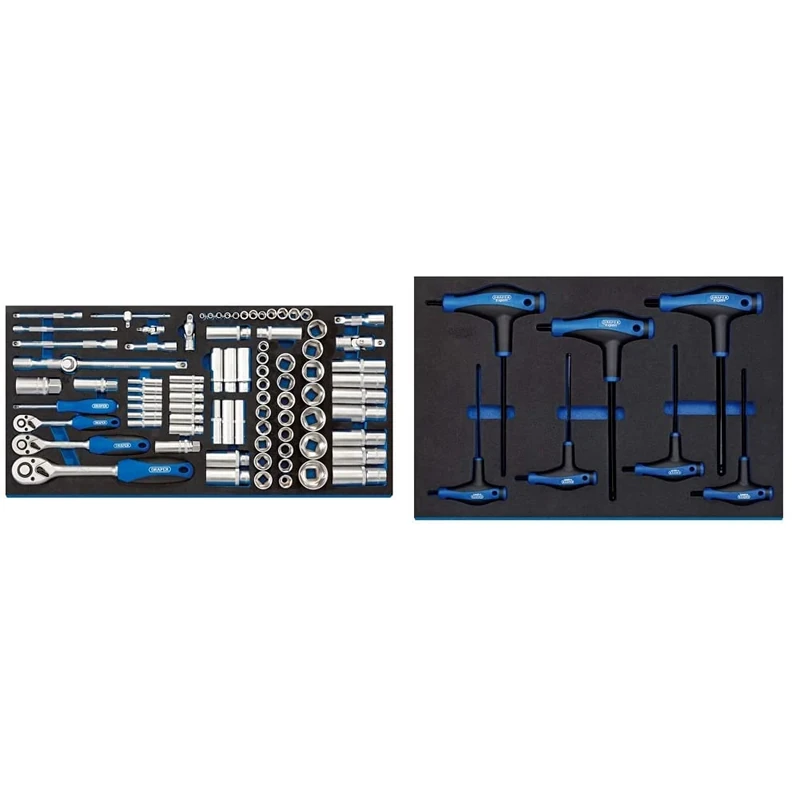 Draper 63540 1/4", 3/8" and 1/2" Socket 84 Piece Set in Full Drawer Eva Insert Tray, Blue & 63503 T' Handle Ball End Hexagon Key 7 Piece Set in 3/4 Drawer Eva Insert Tray, Blue