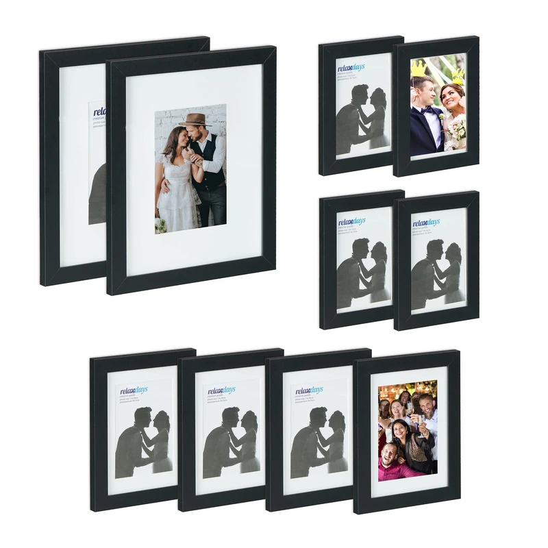 Relaxdays 10x Picture Frames, 3 Sizes, Portrait & Landscape Format, to Hang, Stand, Photo Collage, Passepartout, Black, Fibreboard, 28 x 23 x 1 cm