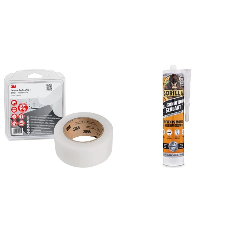 3M Extreme Sealing Tape 4411N - sticks on contact to many metals and plastics & Gorilla 1144110 All Conditions Sealant Silicone Clear 295ml