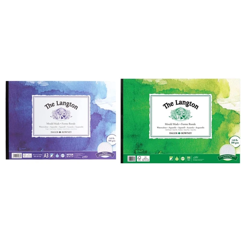 Daler-Rowney The Langton Rough 300gsm A3 Watercolour Paper Pad, Glued 1 Side, Acid-Free & Daler-Rowney The Langton Watercolour & Gouache Cold-Pressed 300gsm A3 Paper Pad, Glued 1 Side
