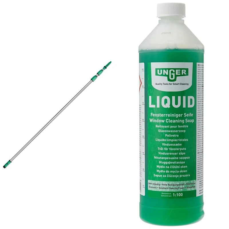 Unger ED450 OptiLoc Telescopic Window Cleaning Pole/Multi-Use Extension Pole & FR100 Window Cleaning Liquid Soap - Smear Free Window Glass Cleaner 1L
