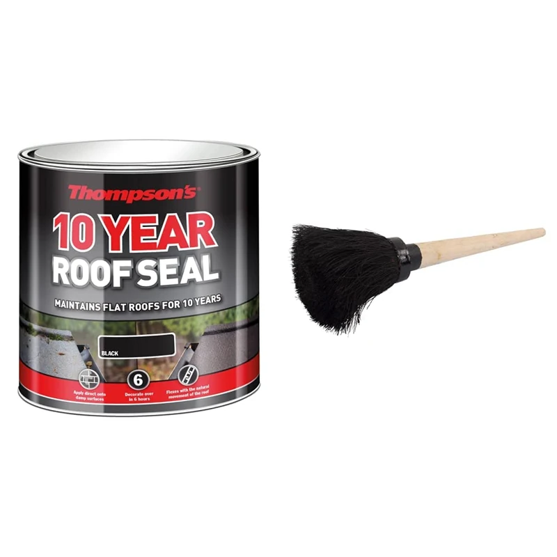 Ronseal HPRSBL4L Thompsons High Performance Roof Seal Black 4 Litre & ProDec Short Handle Tar Brush for Applying High Viscosity Coatings Including Tar, Bitumen, Roof Coatings & Resin On Roofs