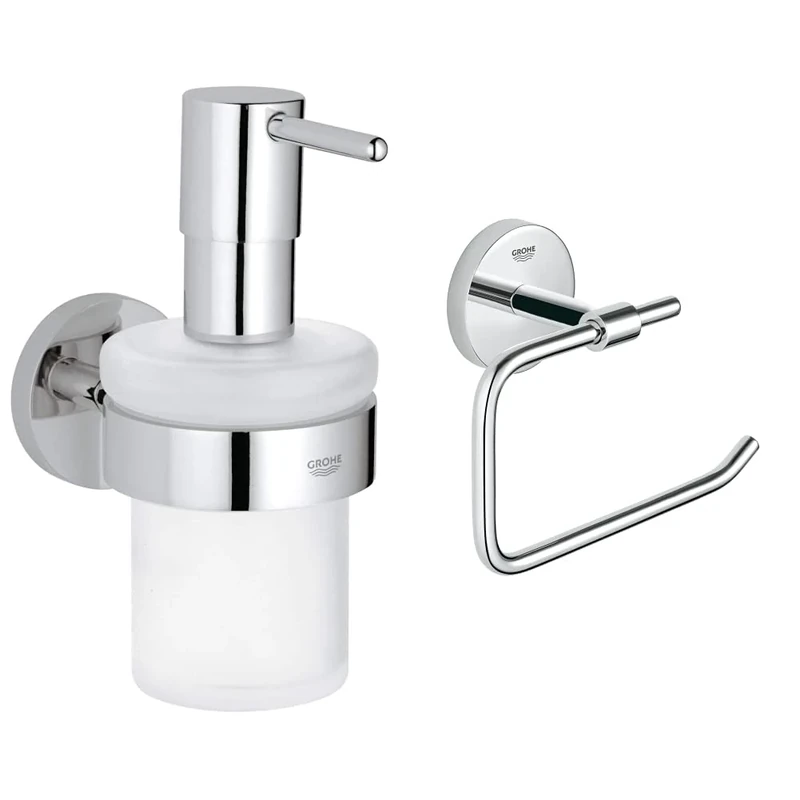 GROHE Essentials Holder with Soap Dispenser Set –, Suitable for Gluing, Chrome, 40448001 & BauCosmopolitan Toilet Paper Holder, Suitable for Gluing, Chrome, 40457001