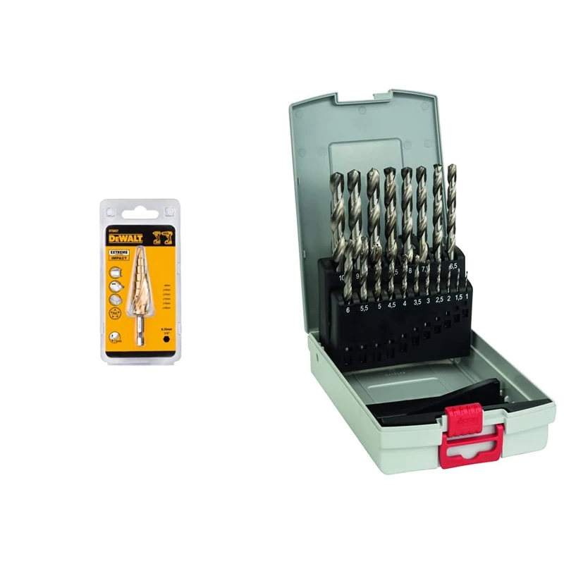 DeWalt Dewalt DT5026-QZ 4mm to 12mm Hole Enlarger Step Drill 1/4 Hex Shank & Bosch Professional 19pc. HSS-G ProBox Metal Drill Bit Set