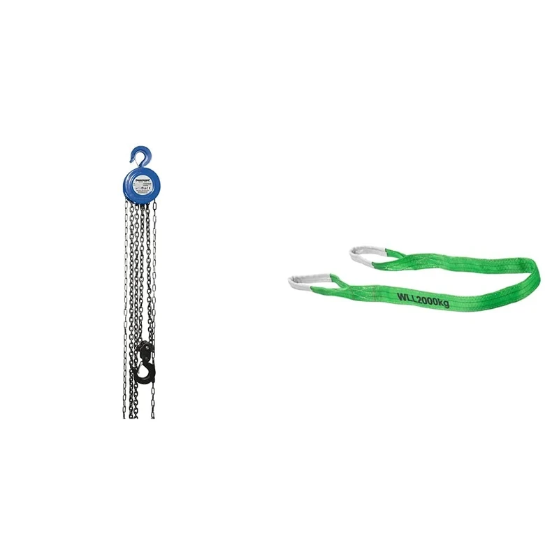 Silverline Chain Block 2000kg / 3m Lift Height & CONNEX B34442 2t x 2m Webbing Sling - Green