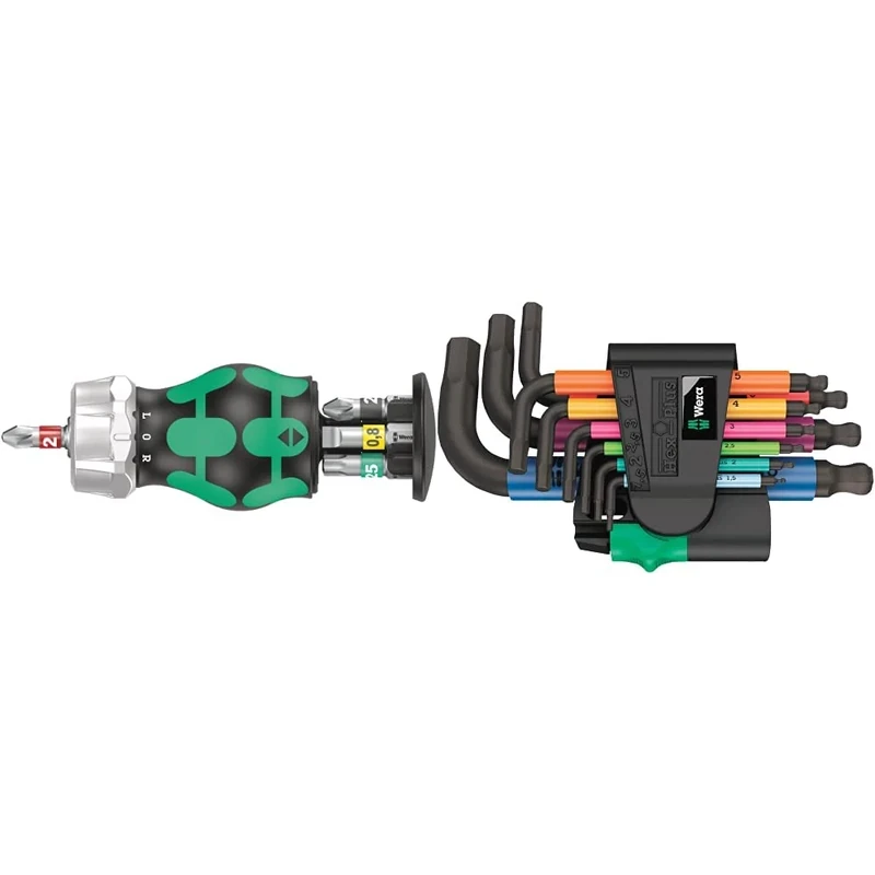 Wera 05008884001 Kraftform Kompakt Stubby Magazine RA 2, Stubby Ratchet Screwdriver with Bit Magazine, 6 Pieces & 05133164001 950/9 Hex-Plus Multicolour 2 L-Key Set