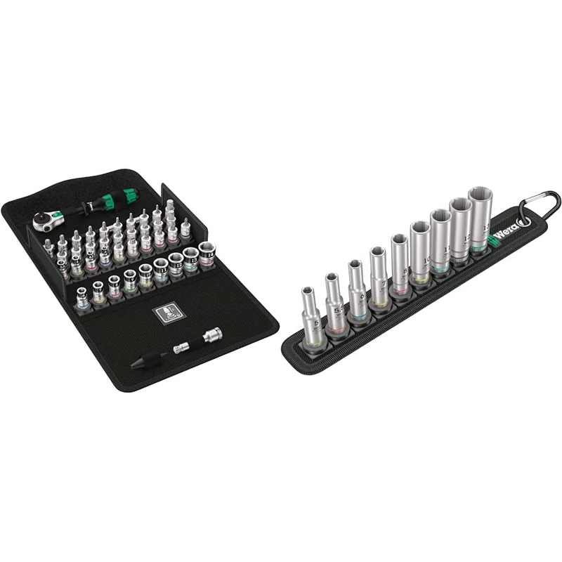 Wera Zyklop Speed 8100 SA All-in Ratchet Set, 1/4" Drive, Metric, 42pc, 05003755001 & Belt A Deep 1 Socket Set of 9 Metric 1/4in Drive