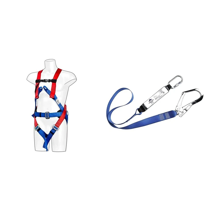 Portwest 3 Point Comfort Harness, Size: One Size, Colour: Red, FP17RER & Single Webbing Lanyard With Shock Absorber, Size: One Size, Colour: Royal Blue, FP50RBR