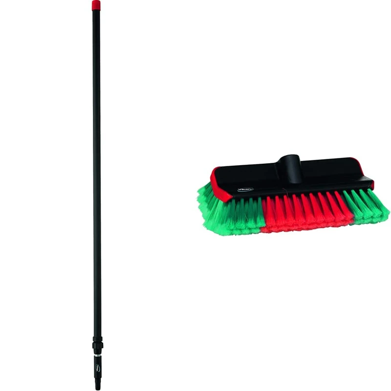 Vikan 297552 Aluminium Telescopic Handle, Black, 32 mm Diameter, 1575 mm Length, 278 x 3.2 x 3.2 cm & 524752 Washing Brush, Water Fed, High/Low, Soft/Split, Black