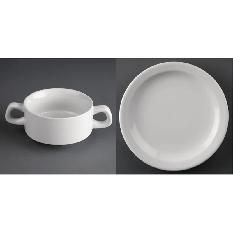 Olympia Athena Hotelware Stacking White Handled Soup Bowls 290ml / 10 1/4 Ounce, Pack of 12 & CF362 Athena Hotelware Narrow Rimmed Plate - 205mm 8", White