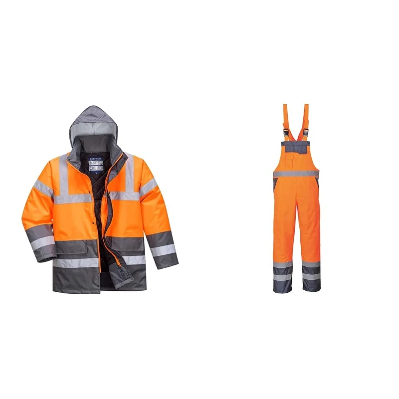 Portwest Hi-Vis Two Tone Traffic Jacket, Size: L, Colour: Orange/Grey, S467OGYL & S488 Waterproof Hi-Vis Breathable Contrast Rain Bib and Brace Orange/Navy, Large