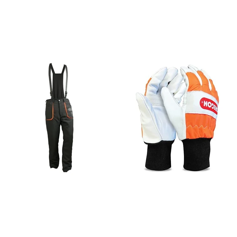 Oregon Yukon Chainsaw Safety Protective Bib & Braces Trousers - Type A Protection (L) & Chainsaw Left-Hand Protection Leather Gloves – Medium (Size 9) (91305M)