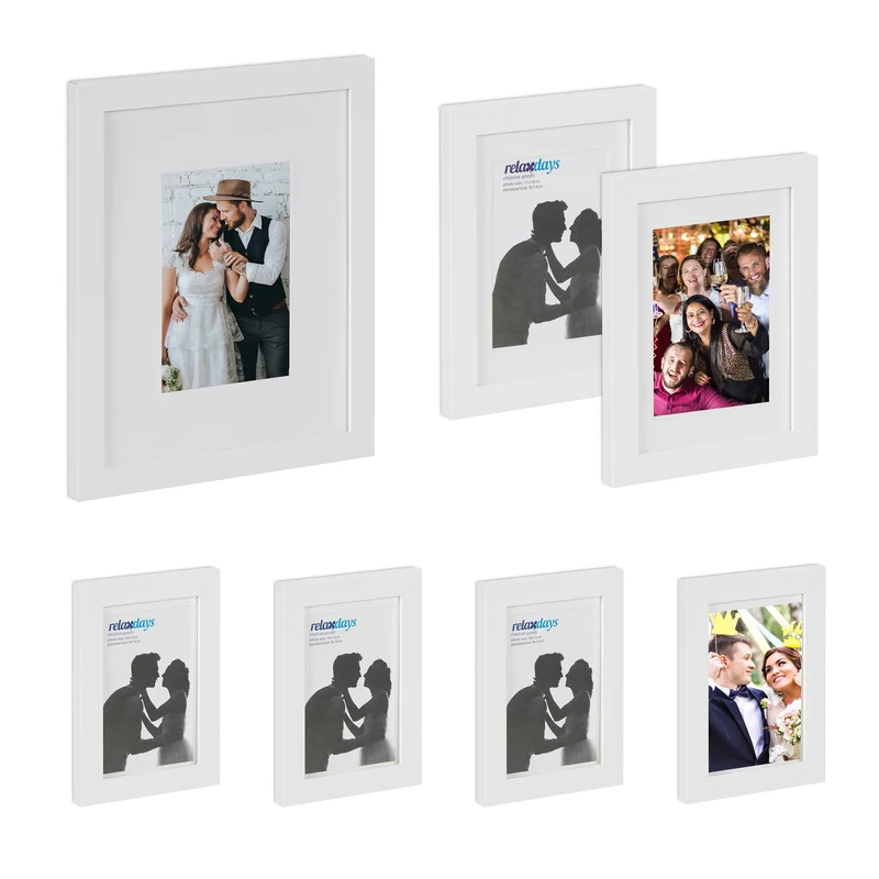 Relaxdays 7x Picture Frames, in 3 Sizes, Portrait & Landscape Format, to Hang, Stand, Passepartout, Wooden Optics, Fibreboard, 28 x 23 x 1 cm