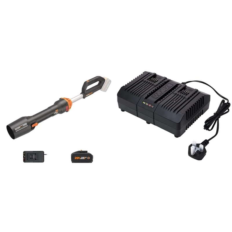 WORX NITRO 18V Cordless Leaf Blower, PowerShare, Brushless Motor 2.0, Max. 209km/h Air Speed, 2-Speed Control, 1pc 4.0Ah Battery, 1pc Charger Included & WA3883 20V Dual Port Fast Battery Charger
