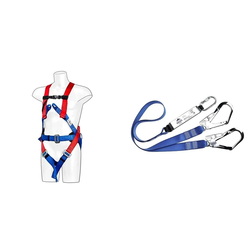 Portwest 3 Point Comfort Harness, Size: One Size, Colour: Red, FP17RER & Double Webbing Lanyard With Shock Absorber, Size: One Size, Colour: Royal Blue, FP51RBR