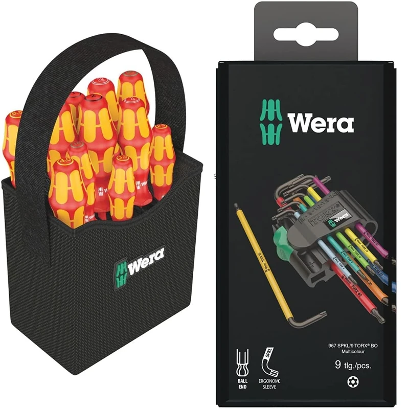 Wera Kraftform 2go 100 VDE 1000v Screwdriver Set in Tool Quiver, PH/PZ/TX/SL, 12pc, 05004310001 & 967SPKL/9BO Multicolour TX-Key Set, TX8 - TX40, 9pc, 05073599001