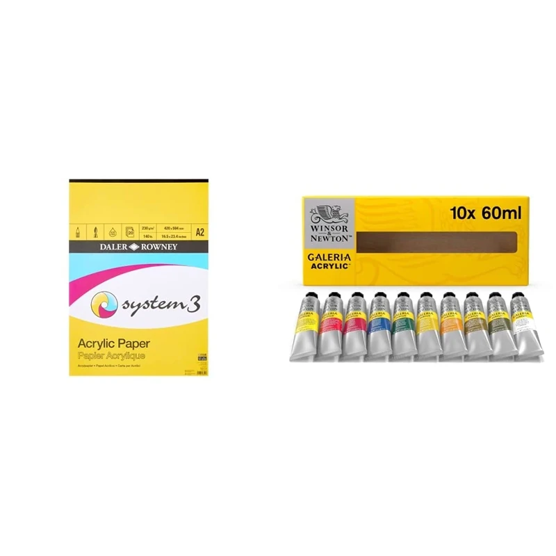 Daler-Rowney System3 Linen Texture 230gsm A2 Acrylic Paper Pad, Glued 1 Side, 20 White Sheets, Ideal for Professional Artists & Winsor & Newton, Galeria Acrylic, 10x60ml Tube Set