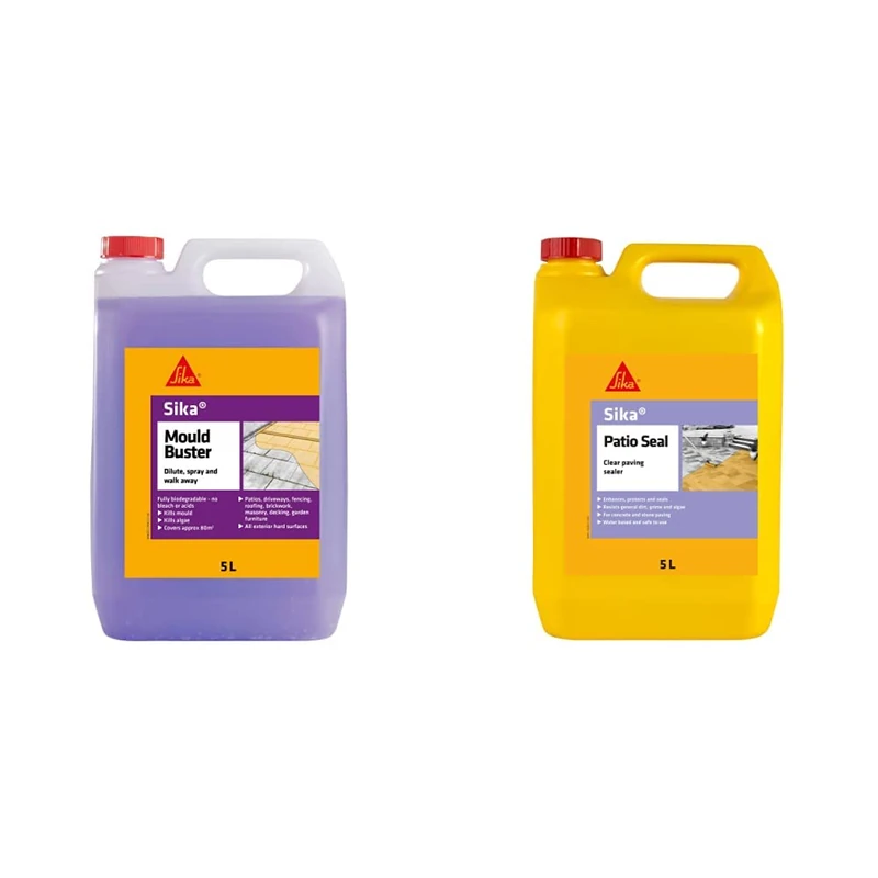Sika Mould Buster Concentrated - Removes Algae, Mould and Green Growth from Paths, Patios and Driveways, 5 Litre & Patio Seal Paving | Water Base Sealer and Appearance Enhancer - Clear - 5 Litre