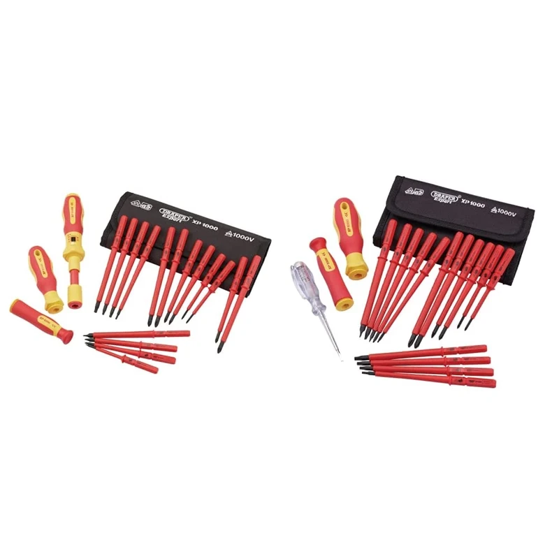 Draper 81762 XP1000 VDE Interchangeable Torque Screwdriver Set (19 Piece),Red and Yellow & 05776 Ergo Plus Blade Screwdriver Set (18 Piece), Red and Yellow