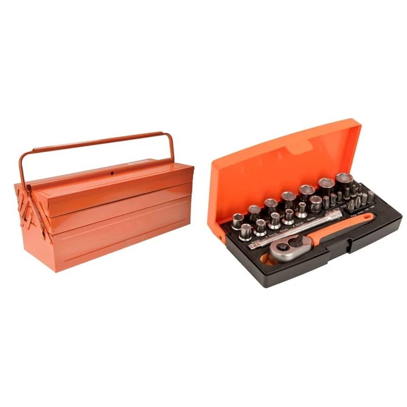 Bahco BH3149-OR CAJA HTA. P/Garage 5 COMP, Orange, 530 x 200 x 200 mm & SL25 Ratchet Socket Set, Metric 1/4" Drive, 25 Pieces