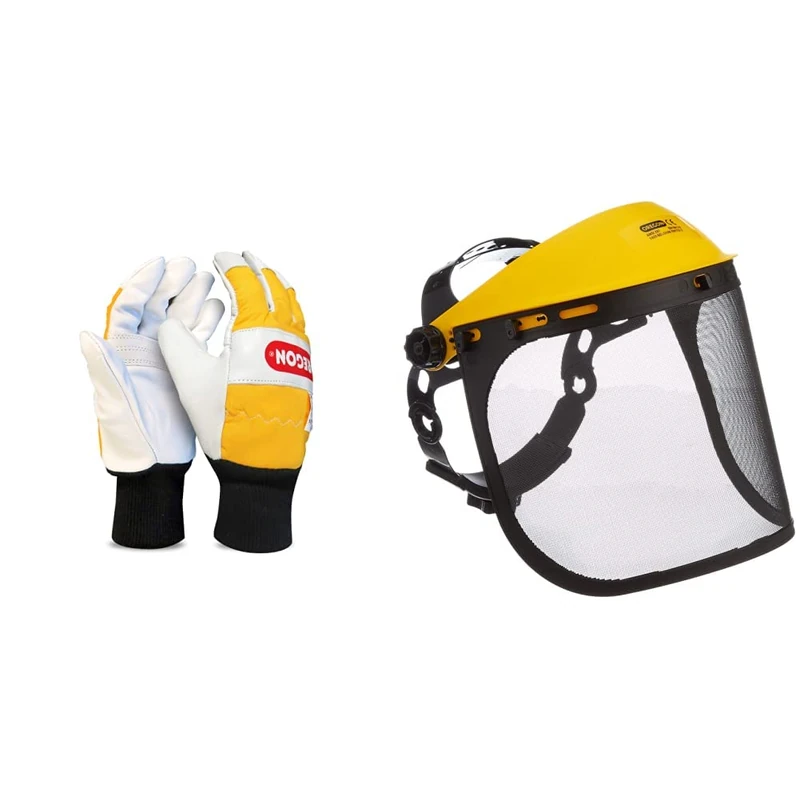 Oregon Chainsaw Gloves, Dual-Hand Protection, PPE Clothing, Pair of Professional Chainsaw Protective Gloves – Large & Q515064 Browguard and Steel Mesh Visor Combination, Black/Yellow