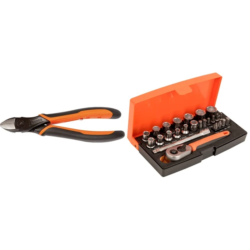 Bahco 2101G-180 2101G Ergo Side Cutting Plier, 180mm Length & SL25 Ratchet Socket Set, Metric 1/4" Drive, 25 Pieces