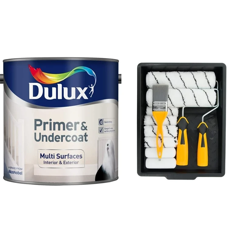 Dulux Primer & Undercoat Paint - 2.5L, 5092093, White & Coral 10501 Paint Kit with Headlock and Mini Roller Frame and Hybrid Brush, Set of 12 Pieces