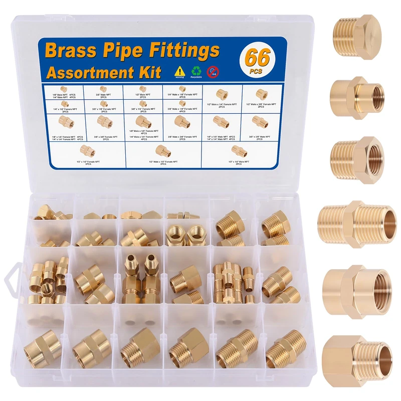 KOOTANS 66pcs Brass Pipe Fittings Assortment NPT Adapter Fitting, Reducer Bushing, Hex Nipple, Reducing Hex Coupling, Pipe Head Brass Plug Kit