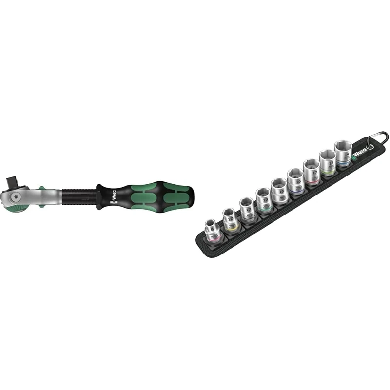 Wera 8000 B SB Zyklop Speed Multi-Function Ratchet, 3/8" x 199 mm, 05073261001 & Belt B 4 Zyklop Socket Set, 3/8" Drive, 9pc, 05003973001