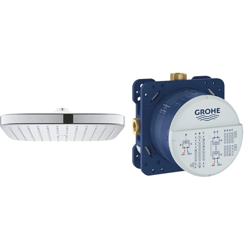 GROHE Vitalio Comfort 250 - Cube Shower Head with Relaxing Rain Spray, Size 25 x 25 cm, Chrome & Rapido Smartbox - Shower Systems -,Blue,Universal Concealed Installation Unit - DN 15-35600000