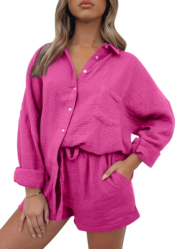 AUTOMET 2 Piece Outfits For Women Lounge Sets Pajama Sets Long Sleeve Button Down Oversized Shirts And Shorts Fall Tracksuit, Hotpink, Medium