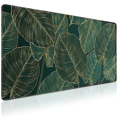 Acezeek Gaming Mouse Pad,35.4x15.7in Large Mouse Mat,Non-Slip Desk Pad/Mat,Easy to Clean,Keyboard Pad with Waterproof for Home Office Work Game(Golden green palm leaves)